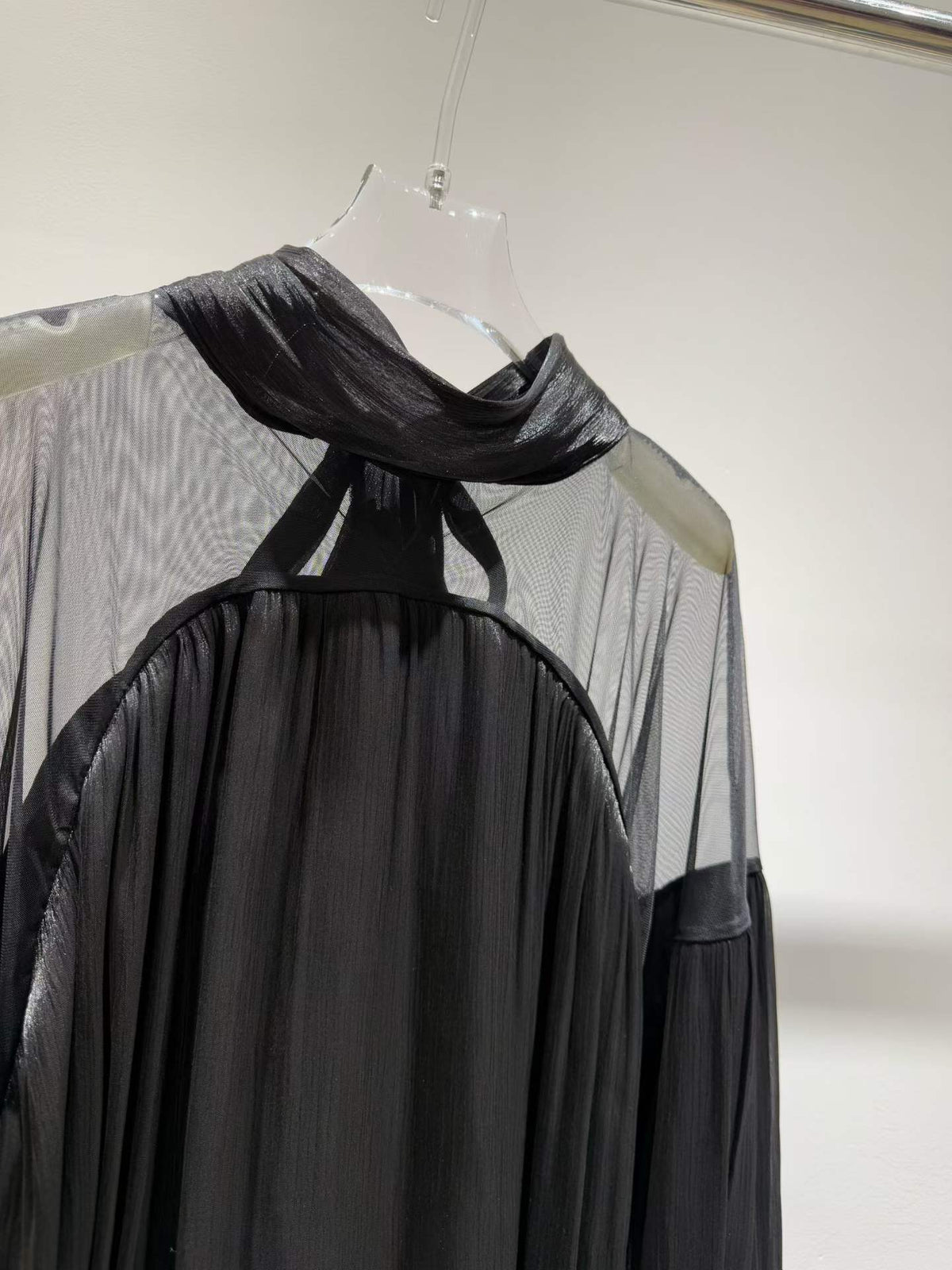 Black blouse scarf neckline and sheer yoke detail