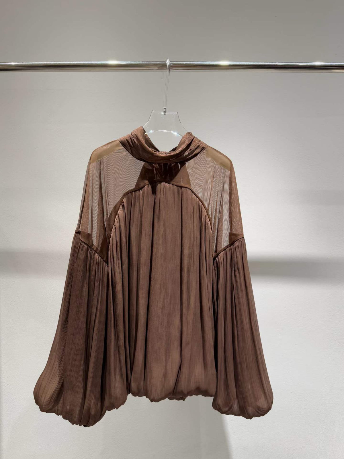 Brown sheer-yoke tie-neck blouse, full view