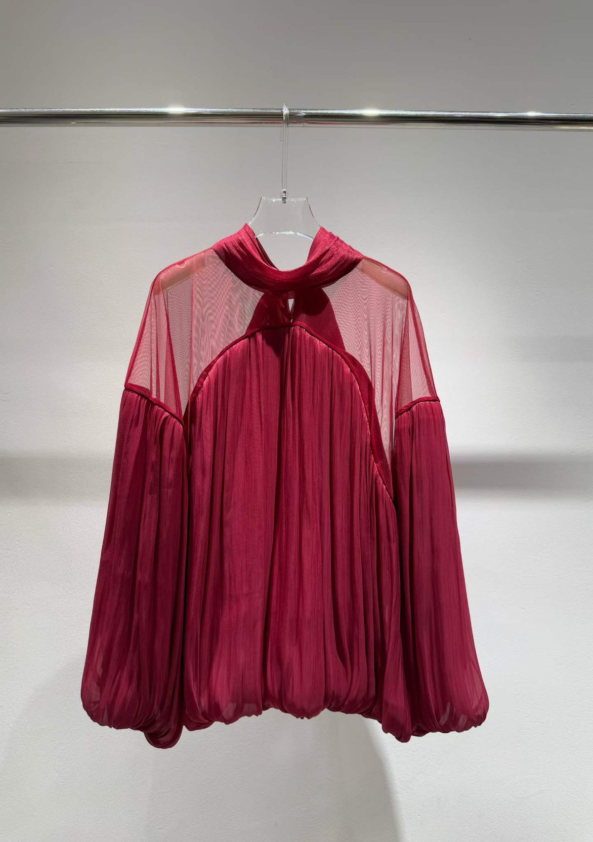 Red sheer-yoke tie-neck blouse, full view