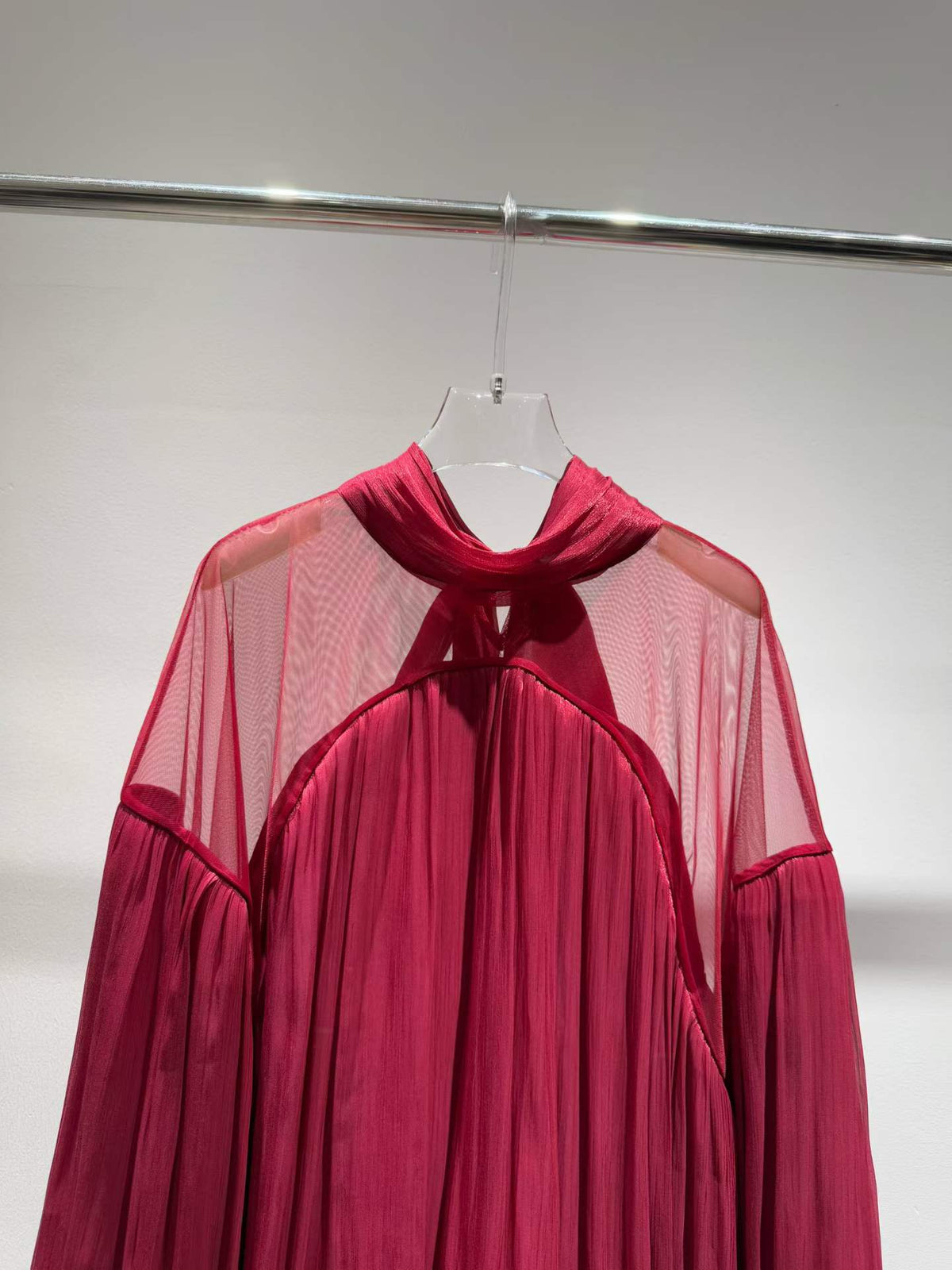 Red blouse scarf neckline and sheer yoke detail