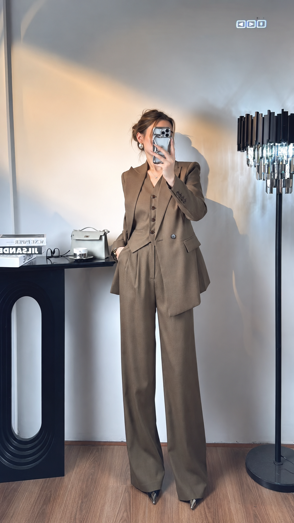 Women's brown three-piece blazer, vest and trouser set, front view