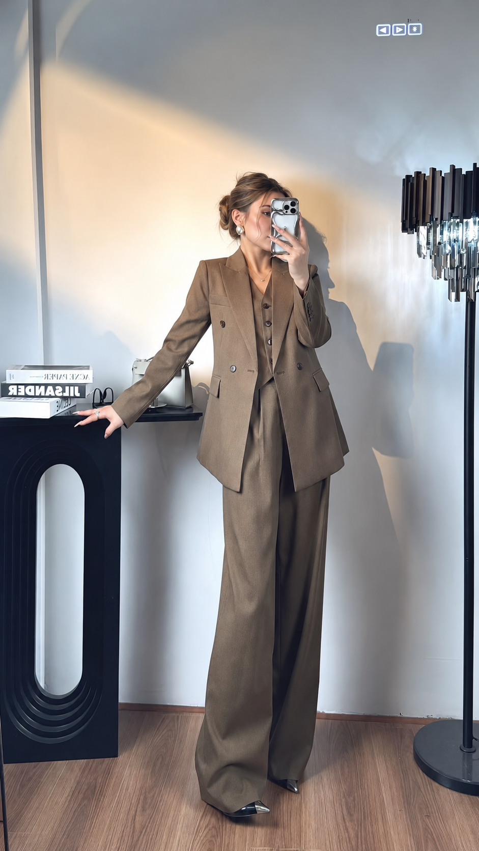 Women's brown blazer, matching button-front vest and wide-leg trousers, full-length view